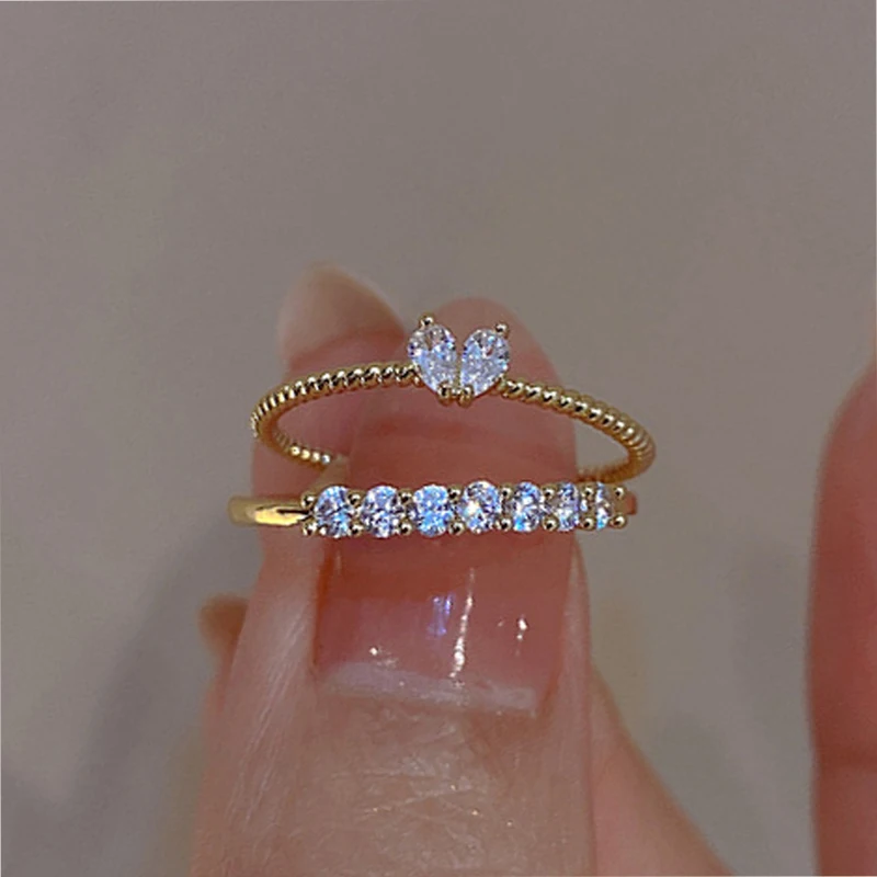 

2 Pieces/Set Braided Crystal Heart Lovely Wedding Ring Set Women Gold Color Engagement Women Ring Gift New Fashion Jewelry