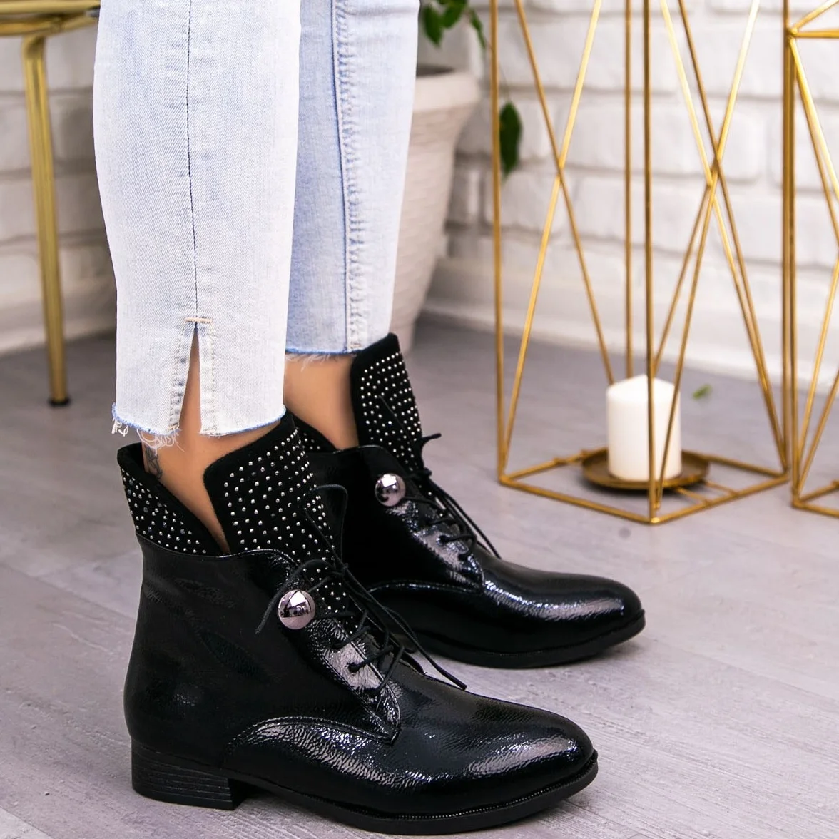 

Tonar Perla Black Japanned Leather Embossed Women 'S Boots New Season Stone Detail Fashion Comfortable and Stylish Seasonal