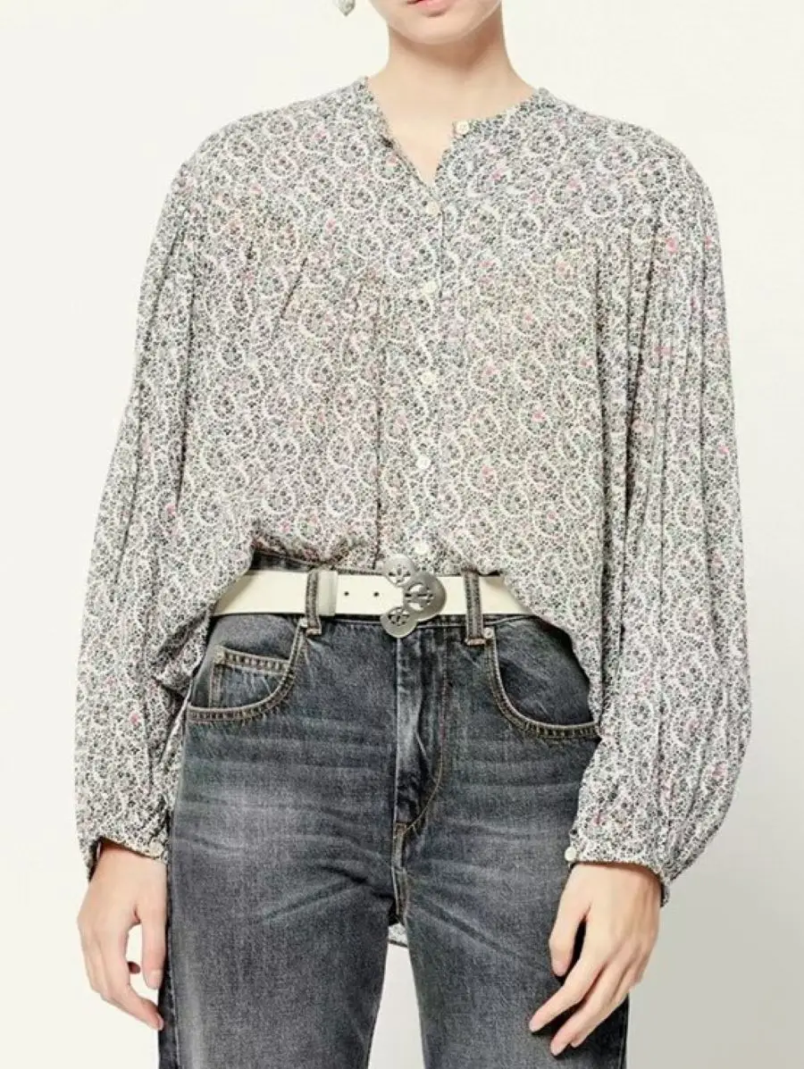 Женская винтажная блузка с цветочным принтом, однобортная рубашка с круглым вырезом и рукавами-фонариками 
Женская винтажная блузка с цветочным принтом, однобортная рубашка с круглым вырезом и рукавами-фонариками