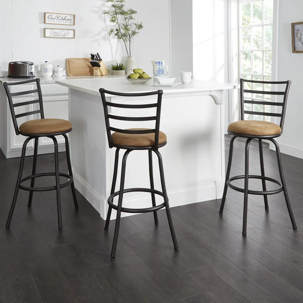 

3 Pack Adjustable 24" or 29" Bronze Ladder Back Swivel Barstool, Tan Microfiber Seat，18.89 X 15.74 X 40.94 Inches