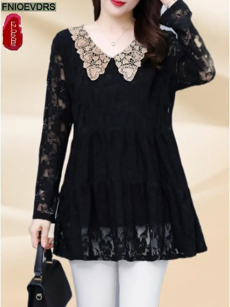

2022 Autumn Black Lace Tunic Tops Hot Sales Women Long Sleeve Elegant Office Lady Patchwork Sheer Belly Design Peplum Top Blouse