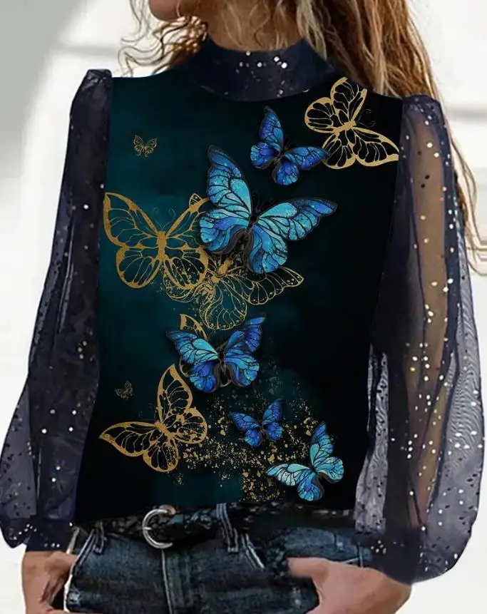 Winter and Spring New Butterfly Print Contrast Mesh Lace Long Sleeve Top Mock Neck Casual Female Blouses
Winter and Spring New Butterfly Print Contrast Mesh Lace Long Sleeve Top Mock Neck Casual Female Blouses