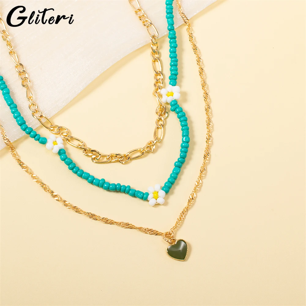

GEITERI Vintage Multilayer Heart Beads Necklaces For Women Girls Figaro Chain Flower Pendant Choker Jewelry Female Bijoux Gifts