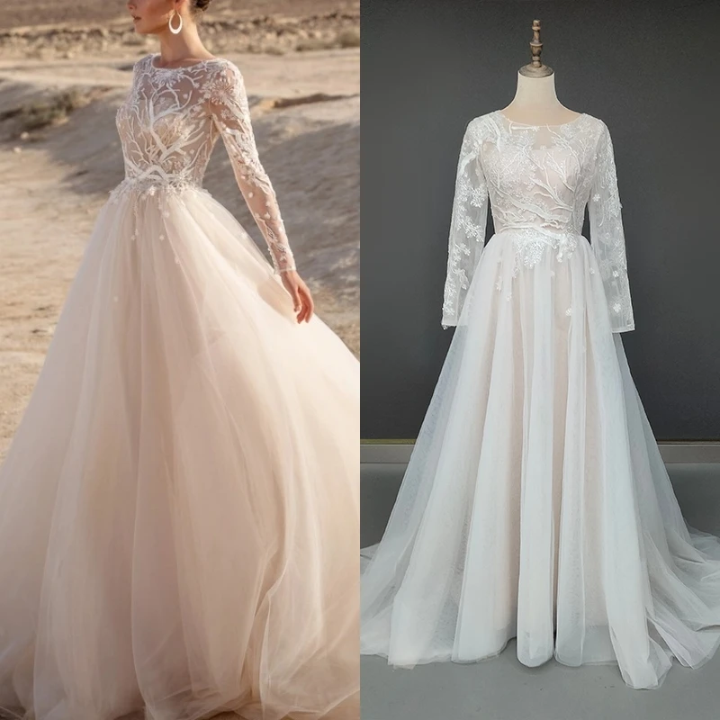 8983# 100% Real Photos Simple O-neck Appliques Sequins Sweep Train A-line Wedding Dress Long Illsuion Lace Sleeves Bridal Gown
8983# 100% Real Photos Simple O-neck Appliques Sequins Sweep Train A-line Wedding Dress Long Illsuion Lace Sleeves Bridal Gown