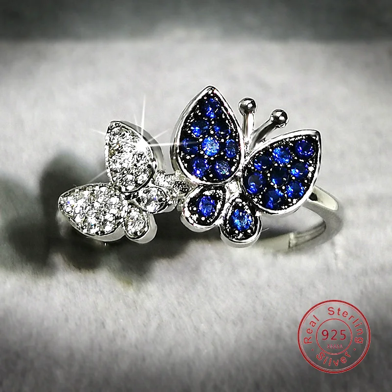 

Luxury Sapphire Crystal Rings for Women Shine Butterfly 925 Sterling Silver Rings Cocktail Weddings Party Sterling Jewelry Gifts