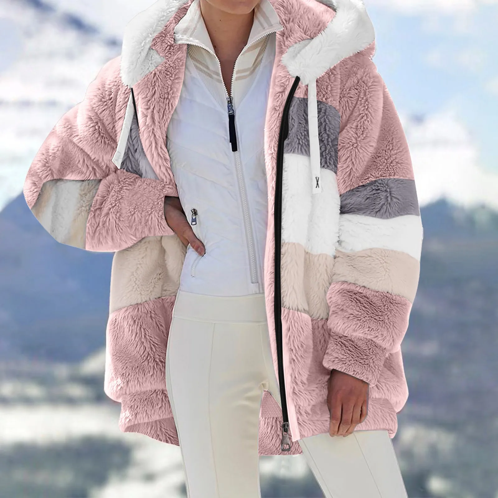 

Женская куртка, модное пальто с длинным рукавом, большие размеры, Повседневная Толстовка из плюша с цветными вставками, женская одежда на молнии на осень и зиму