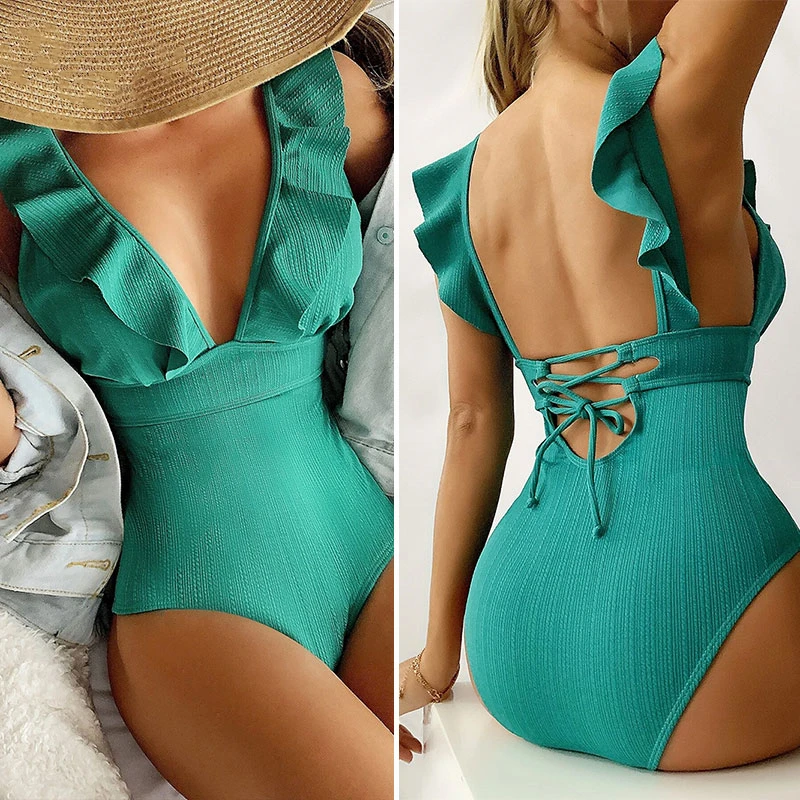 Ruffled One Piece Swimsuit Women's Solid Color Ribbed Swimsuit Push Up V Neck Lace Swimsuit Women Lingerie Bodysuit
Ruffled One Piece Swimsuit Women's Solid Color Ribbed Swimsuit Push Up V Neck Lace Swimsuit Women Lingerie Bodysuit