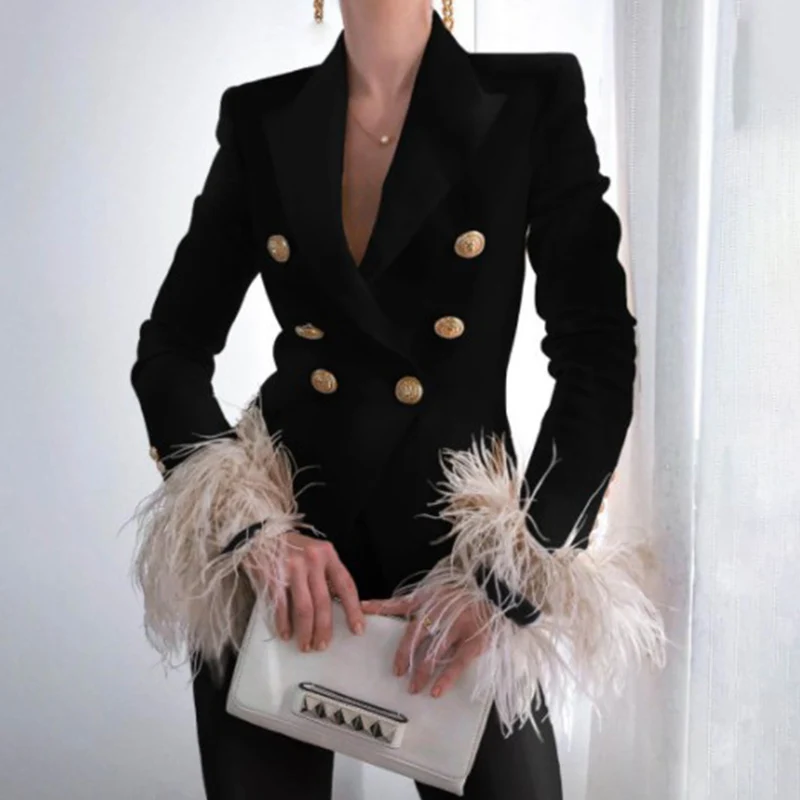 Elegant Turn-down Collar Lady Blazer Top Casual Long Sleeve Women Suit Coat Fashion Fuzzy Feather Double-Breasted Jacket Outwear
Elegant Turn-down Collar Lady Blazer Top Casual Long Sleeve Women Suit Coat Fashion Fuzzy Feather Double-Breasted Jacket Outwear