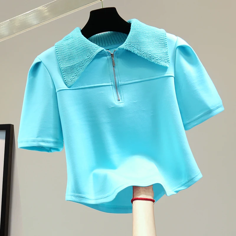 High Waist Short Pullover Zipper Solid Color Short-Sleeved T-shirt for Women 2022 Summer T-shirts Female Lapel Patchwork Shirt
High Waist Short Pullover Zipper Solid Color Short-Sleeved T-shirt for Women 2022 Summer T-shirts Female Lapel Patchwork Shirt