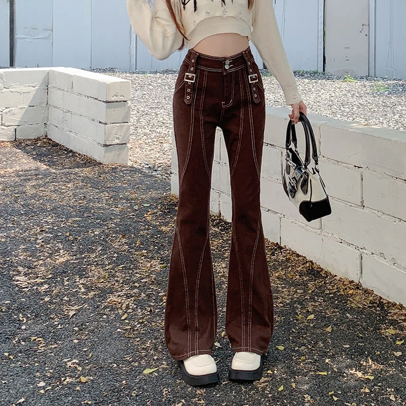 

Винтажные расклешенные джинсы с высокой талией, женские повседневные коричневые брюки в Корейском стиле Y2K, уличная одежда, женские шикарные модные брюки с пряжкой, Прямая поставка