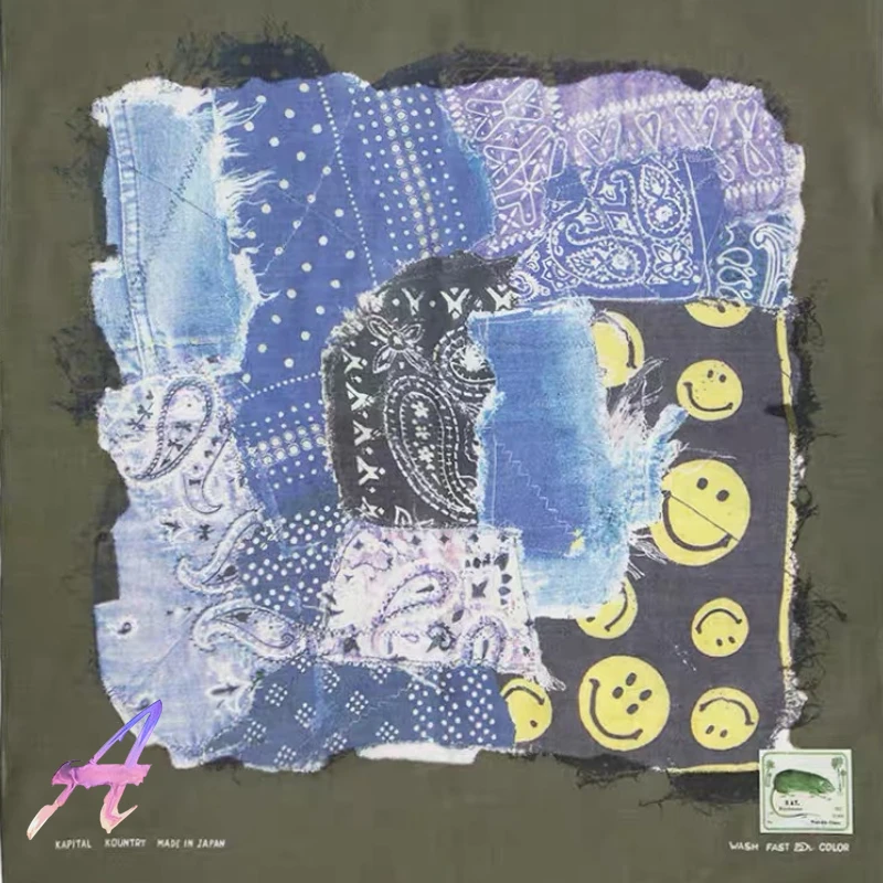 KAPITAL Vintage Smiley Cashew Flower Cloth Color-block Indigo Scarf t shirt 
KAPITAL Vintage Smiley Cashew Flower Cloth Color-block Indigo Scarf t shirt