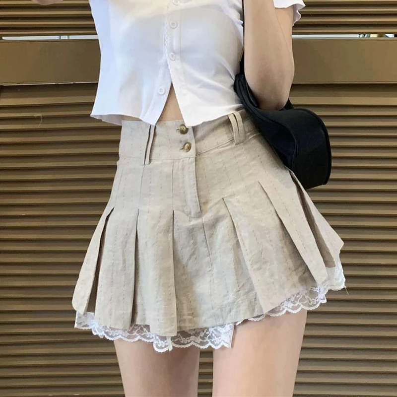 

Summer Lace Trim Pleated Skirts Women Preppy Style Khaki High Waist Skirt Girl Teens Harajuku School Uniform Mini Skirt