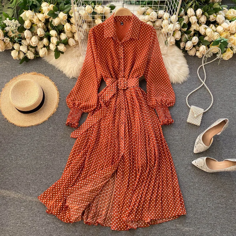 Spring Women Polka-dot Printed Slim Long Pleated Dress With Belt Vestidos Korean Single-breasted Lapel Long Sleeve Chiffon Dress
Spring Women Polka-dot Printed Slim Long Pleated Dress With Belt Vestidos Korean Single-breasted Lapel Long Sleeve Chiffon Dress