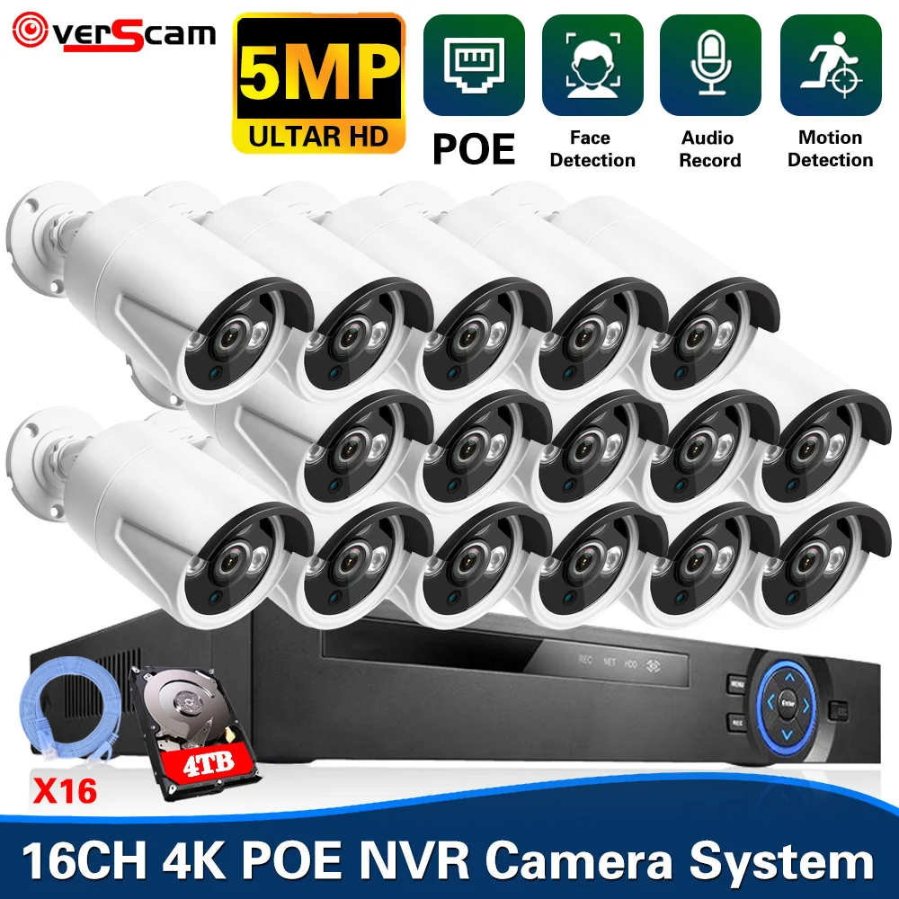 

16CH 4K POE NVR Security Camera System Kit H.265 Audio 5MP POE IP Camera Set Outdoor Waterproof CCTV Video Surveillance Kit P2P