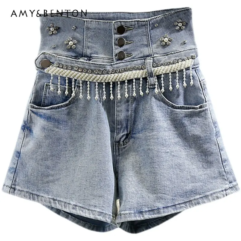 Heavy Industry Beads Diamond Jeans Fashion Design Beaded Tassel Decoration High Waist Wide Leg Stretch All-Matching Denim Shorts
Heavy Industry Beads Diamond Jeans Fashion Design Beaded Tassel Decoration High Waist Wide Leg Stretch All-Matching Denim Shorts
