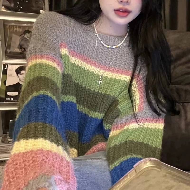 Rainbow Color Knitted Sweater Women 2023 Autumn Winter Korean Style Long Sleeve Sweater Pullover Woman Loose O-Neck Jumpers Top
Rainbow Color Knitted Sweater Women 2023 Autumn Winter Korean Style Long Sleeve Sweater Pullover Woman Loose O-Neck Jumpers Top