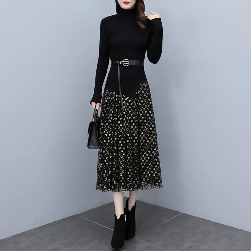 New Autumn Winter Two Piece Sets Women Fall Half Turtleneck Irregular Belt Knitted Top And Mesh Pleated Skirt Suits
New Autumn Winter Two Piece Sets Women Fall Half Turtleneck Irregular Belt Knitted Top And Mesh Pleated Skirt Suits