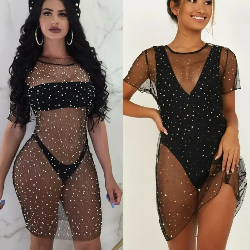 Women Sequins Mesh Bikini Short Sleeve See Through Cover Up Swimwear Swimsuit Beachwear Dress Vocation Ropa mujer Clothing
Women Sequins Mesh Bikini Short Sleeve See Through Cover Up Swimwear Swimsuit Beachwear Dress Vocation Ropa mujer Clothing