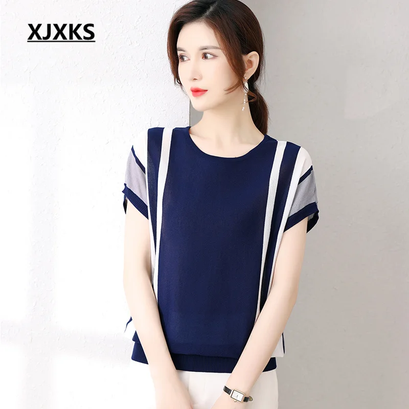 XJXKS, Новинка лета 2022, топ с круглым вырезом и коротким рукавом, женская футболка, модный Удобный Шелковый пуловер в полоску, рубашки
XJXKS, Новинка лета 2022, топ с круглым вырезом и коротким рукавом, женская футболка, модный Удобный Шелковый пуловер в полоску, рубашки