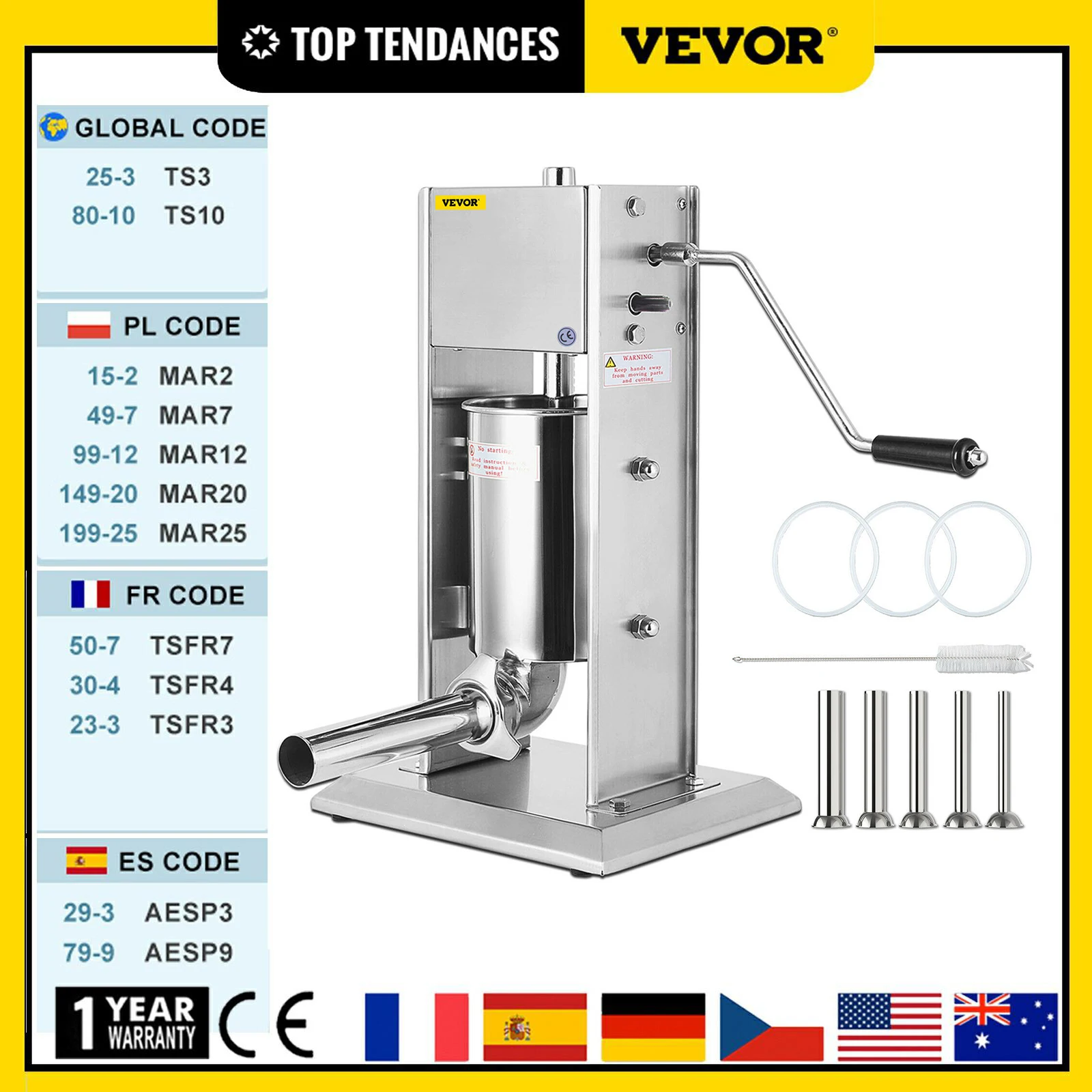 VEVOR Commercial Sausage Stuffer Filler Manual Vertical 3L 5L 7L 10L 15L Stainless Steel for Home Make Sausage Hot Dog Bratwurst
VEVOR Commercial Sausage Stuffer Filler Manual Vertical 3L 5L 7L 10L 15L Stainless Steel for Home Make Sausage Hot Dog Bratwurst