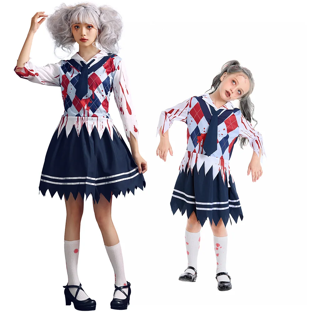 

Костюм для девочек на Хэллоуин, Детский комплект униформы с пятнами крови для студентов, страшный костюм зомби для косплея, платье для брызг крови