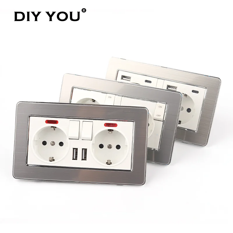 EU Standard Double Wall Power Socket Stainless Steel Panel With Switch LED indicator USB Ports Type C 146*86mm Wall Power Outlet
EU Standard Double Wall Power Socket Stainless Steel Panel With Switch LED indicator USB Ports Type C 146*86mm Wall Power Outlet