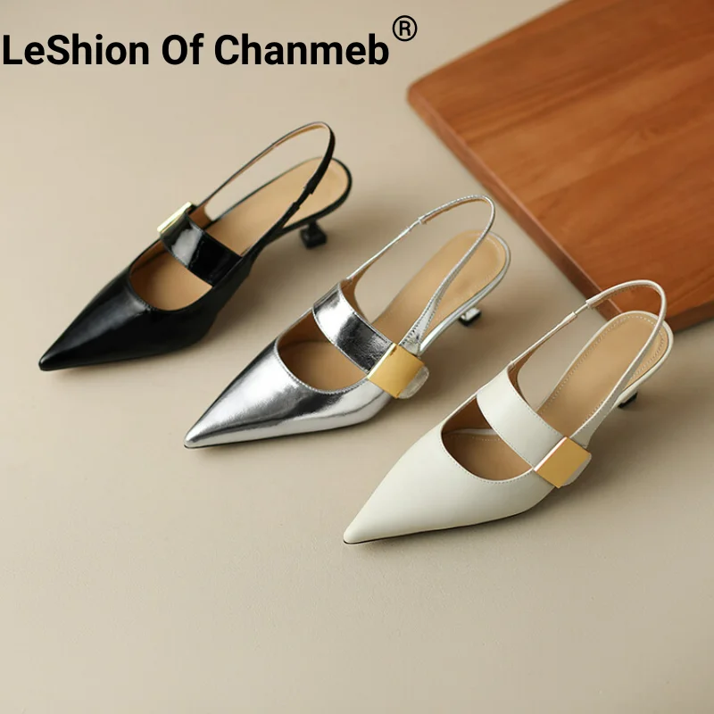 

LeShion Of Chanmeb Size 33-40 Women Silver Genuine Leather Shoes Thin High Heels Pointed Toe Metal Slingback Ladies Pumps Beige