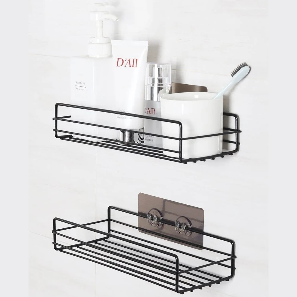 

No Punching Bathroom Shelf Washstand Kitchen Bathroom Organizer Wall-mounted Storage Rack Wall Wrought Iron Hanging Shelves