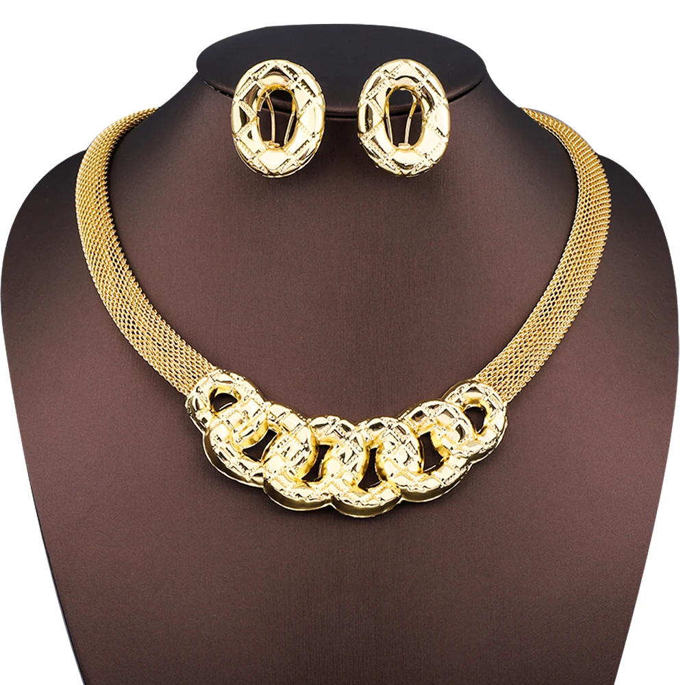 

Dubai Gold Plated Geometry Round Circle Flat Necklace Earring Jewelry Set Indian Ethiopians Arab Women Wedding Party Bridal Gift