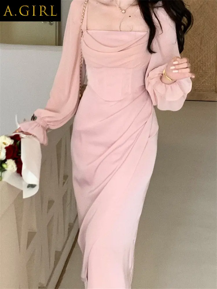 

A GIRLS Elegant Pink Midi Dress for Women 2023 Fairycore Square Collar Flare Sleeve Dresses Chic Elegant Slim Splicing Vintage D