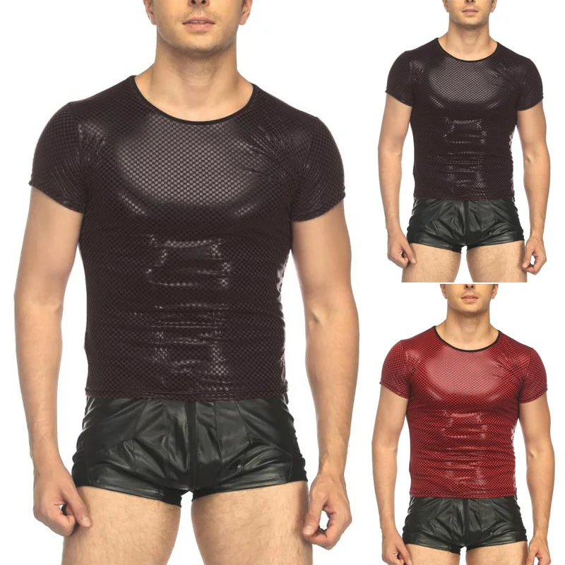Mens Sexy Patent Leather Solid Color Nightclub Stage Performance T-Shirt Tops Faux Leather Plaid T-shirt Erotic Clothes
Mens Sexy Patent Leather Solid Color Nightclub Stage Performance T-Shirt Tops Faux Leather Plaid T-shirt Erotic Clothes
