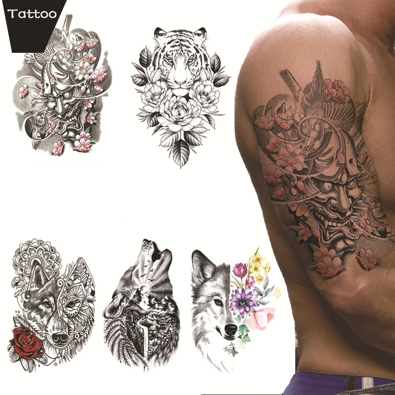 

Водостойкая Временная тату-наклейка, волк, тигр, Лев, лес, тату, луна, птица, Череп, боди-арт, имитация рукава, татуировки для женщин и мужчин