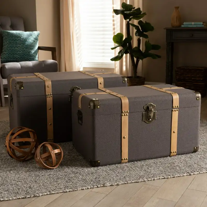 Modern and Contemporary Transitional Dark Brown Fabric Upholstered and Oak Brown Finished 2-Piece Storage Trunk Set
Modern and Contemporary Transitional Dark Brown Fabric Upholstered and Oak Brown Finished 2-Piece Storage Trunk Set