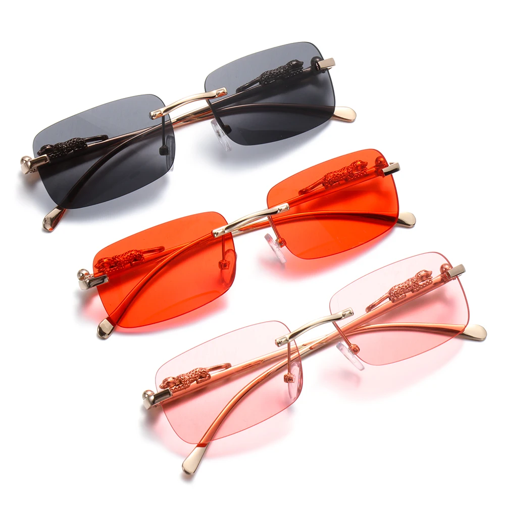 

Fashion Rimless Rectangle Sunglasses Women Retro Cheetah Decoration Clear Ocean Lens Eyewear Men Sun Glasses Shades UV400