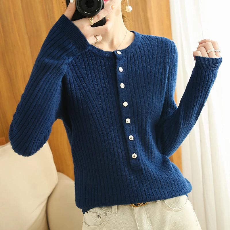 

2022 Spring And Summer New Round Neck Sweater Women's 100% Wool Sweater V-Neck Open Knitted Loose Bottoming Shirt Trend