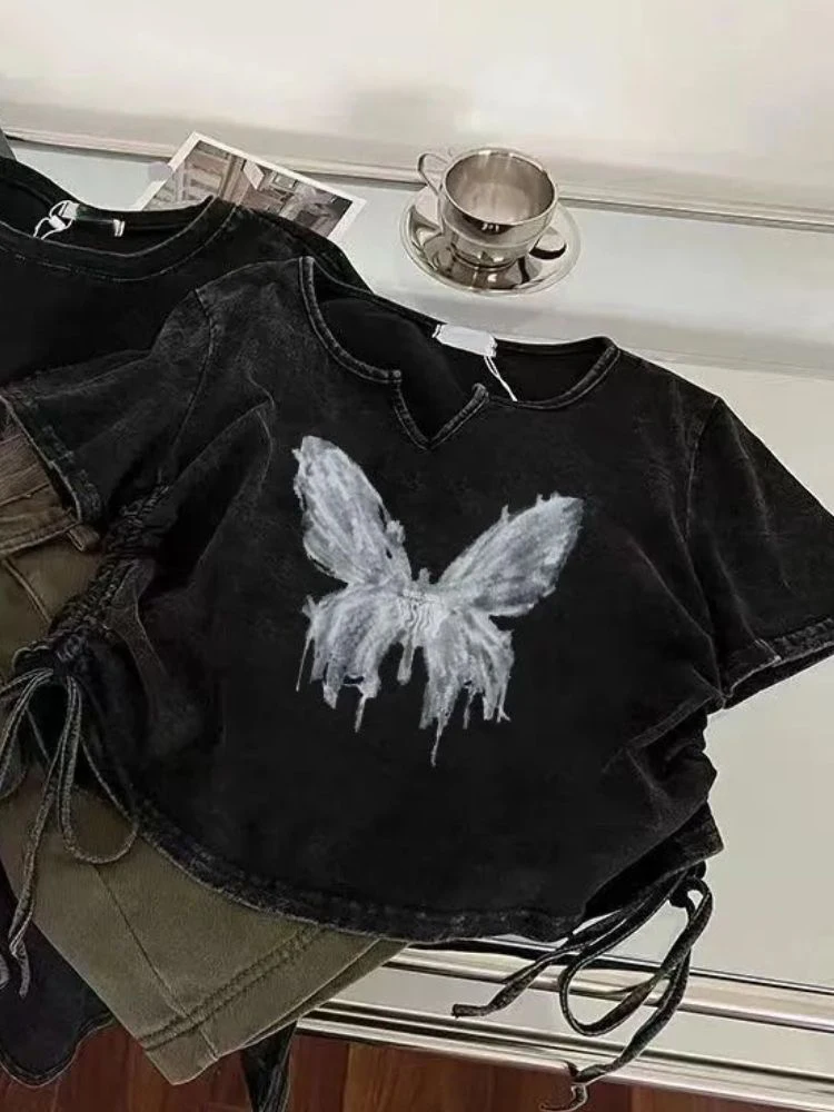 Summer New Harajuku Butterfly Print Grunge T-shirts Loose Fashion Streetwea Crop Tops Women Y2k Aesthetic Casual Drawstring Tees
Summer New Harajuku Butterfly Print Grunge T-shirts Loose Fashion Streetwea Crop Tops Women Y2k Aesthetic Casual Drawstring Tees