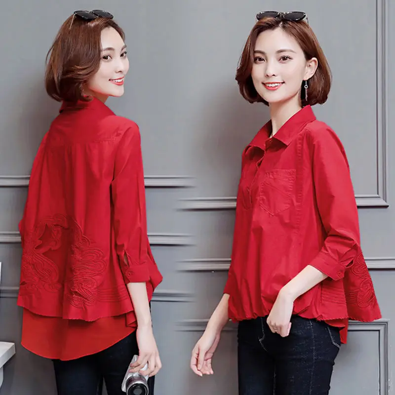 Heavy industry embroidered shirt women's cotton 2022 spring All-match Nine-sleeved stitching shirt Female blouser White Top Red
Heavy industry embroidered shirt women's cotton 2022 spring All-match Nine-sleeved stitching shirt Female blouser White Top Red