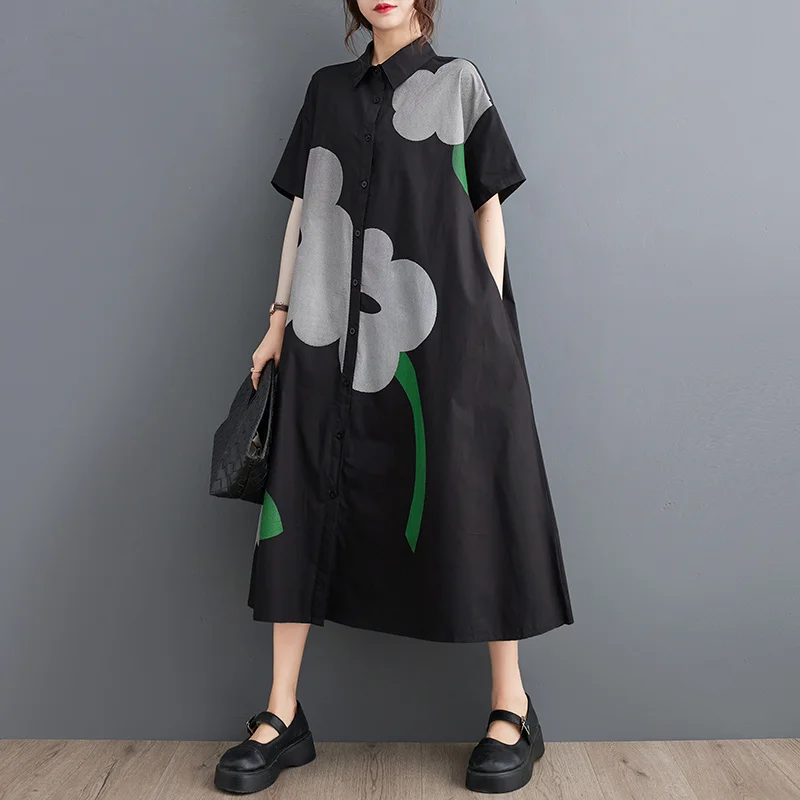 #6636 Black White Flower Printed Shirt Dress Turn-Down Collar Long Shirt Dress Loose A-line Office Midi Dress Female Buttons
#6636 Black White Flower Printed Shirt Dress Turn-Down Collar Long Shirt Dress Loose A-line Office Midi Dress Female Buttons
