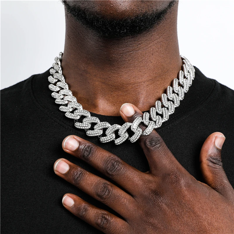 

Hip Hop 19MM 3 Row Iced Out Paved Rhinestones Cuban Link Chain CZ Bling Rapper Necklaces Bracelet For Men Women Jewelry Choker