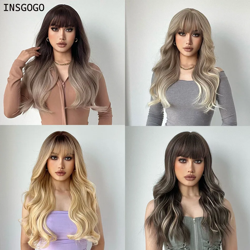 

INSGOGO Long Wavy Synthetic Wigs With Bangs For Women Daily Gray Mix Color Ombre Nature Heat Resistant Hair Black Women Gifts