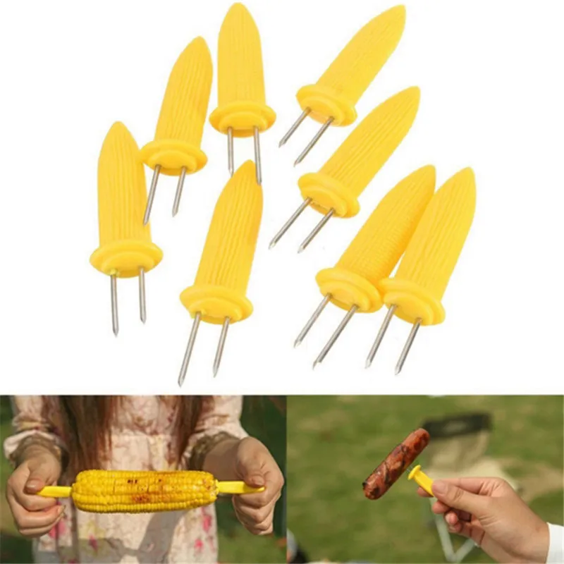 

Hot Selling 10pcs/pack Twin Prong Skewers Barbecue Fork Fruit Corn Holder BBQ Fork Garpu Tool Yellow Bbq Accessories