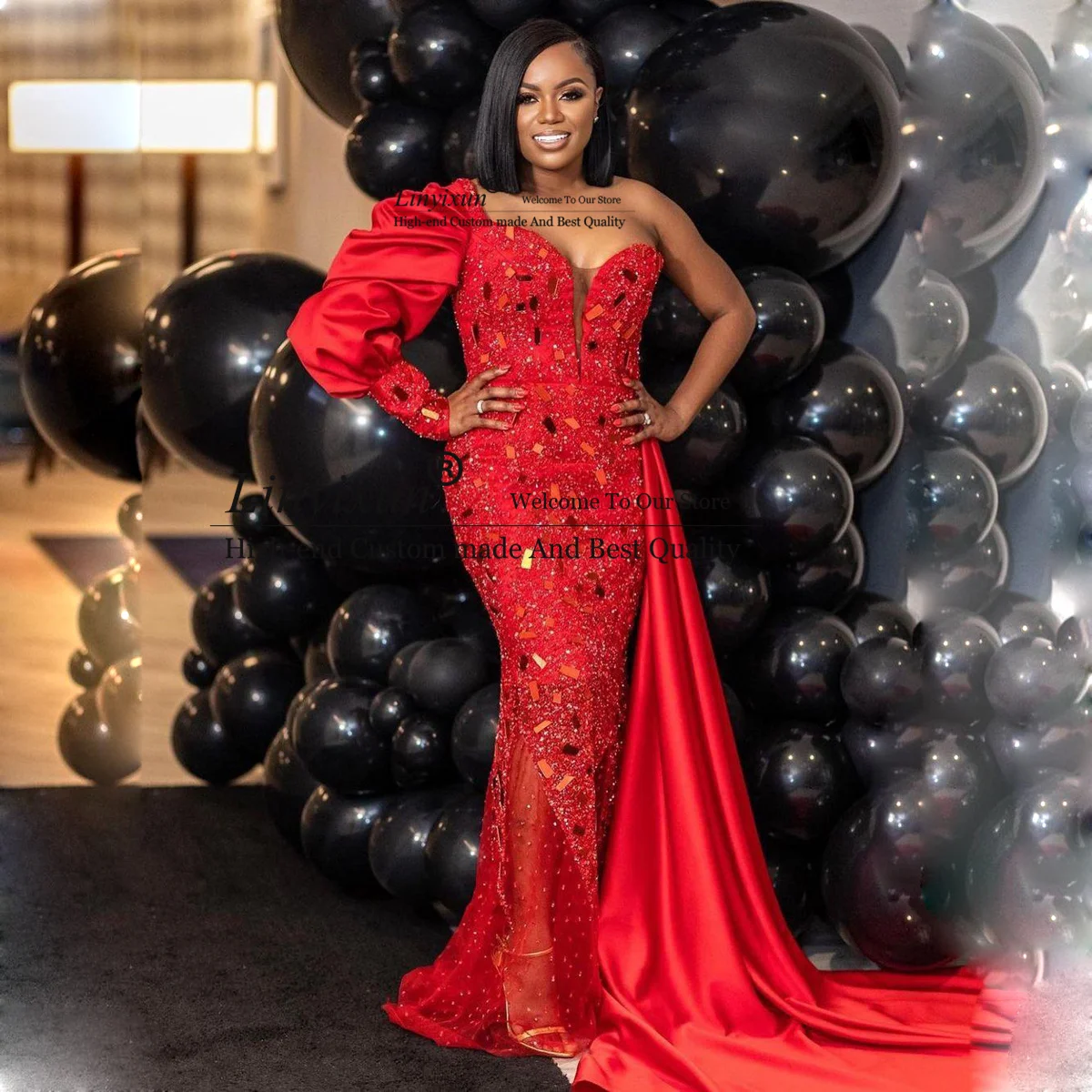 Puffy Sleeves Sequined Red Prom Dresses Beads One Shoulder Aso Ebi Mermaid Evening Party Gowns Side Court Train robes de soirée
Puffy Sleeves Sequined Red Prom Dresses Beads One Shoulder Aso Ebi Mermaid Evening Party Gowns Side Court Train robes de soirée
