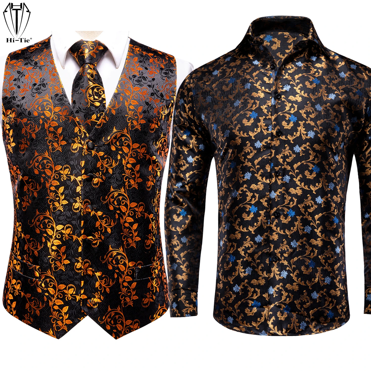 Hi-Tie Luxury Woven Black Gold Blue Silk Mens Vests Shirts Set Dress Waistcoat Jacket Shirt Tie Pocket Square Cufflinks for Male
Hi-Tie Luxury Woven Black Gold Blue Silk Mens Vests Shirts Set Dress Waistcoat Jacket Shirt Tie Pocket Square Cufflinks for Male