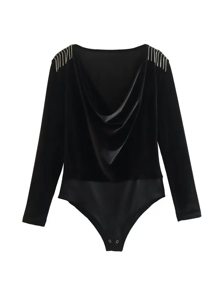 Elegant Beading Shoulder Bodysuits Women Long Sleeve Swinging Collar Black Velvet Jumpsuits Tops
Elegant Beading Shoulder Bodysuits Women Long Sleeve Swinging Collar Black Velvet Jumpsuits Tops