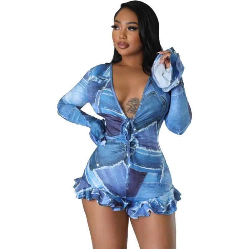 Playsuit Casual Womens African Jumpsuit Shorts Sexy Breast Wrap Jumpsuit Blue Printed V Neck Peplum Long Sleeved Bodysuit Summer
Playsuit Casual Womens African Jumpsuit Shorts Sexy Breast Wrap Jumpsuit Blue Printed V Neck Peplum Long Sleeved Bodysuit Summer