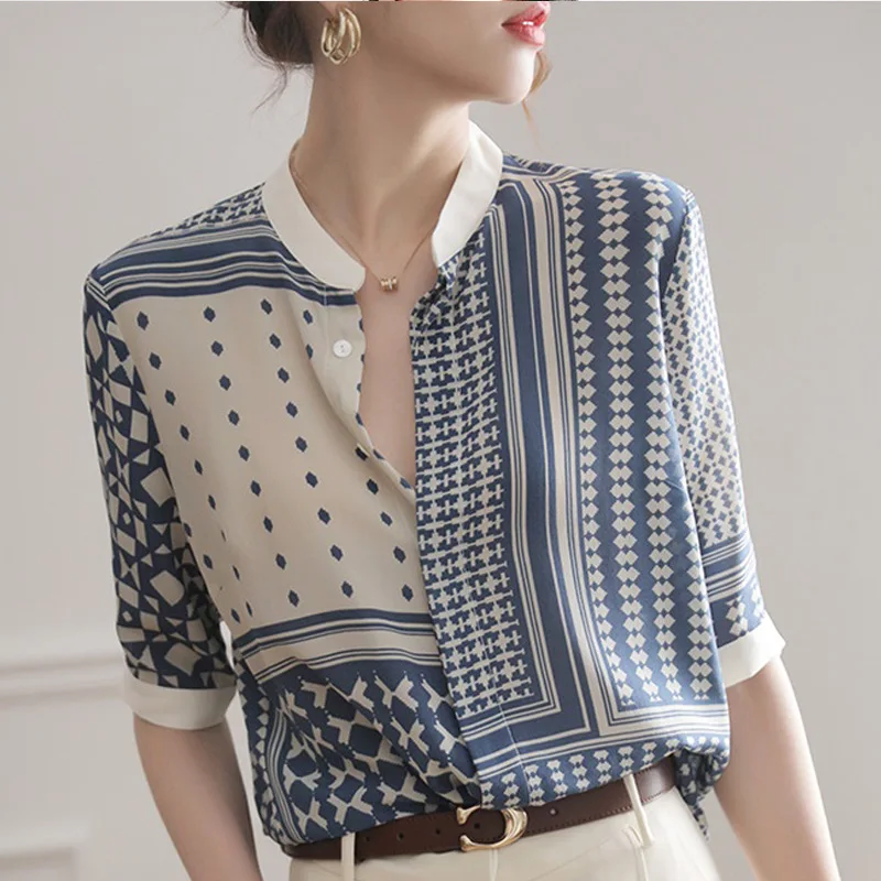 Summer Women Blouse Chiffon O-neck Standing Collar Printed Office Lady Shirts Vintage Half Sleeve Tops Female Clothing
Summer Women Blouse Chiffon O-neck Standing Collar Printed Office Lady Shirts Vintage Half Sleeve Tops Female Clothing