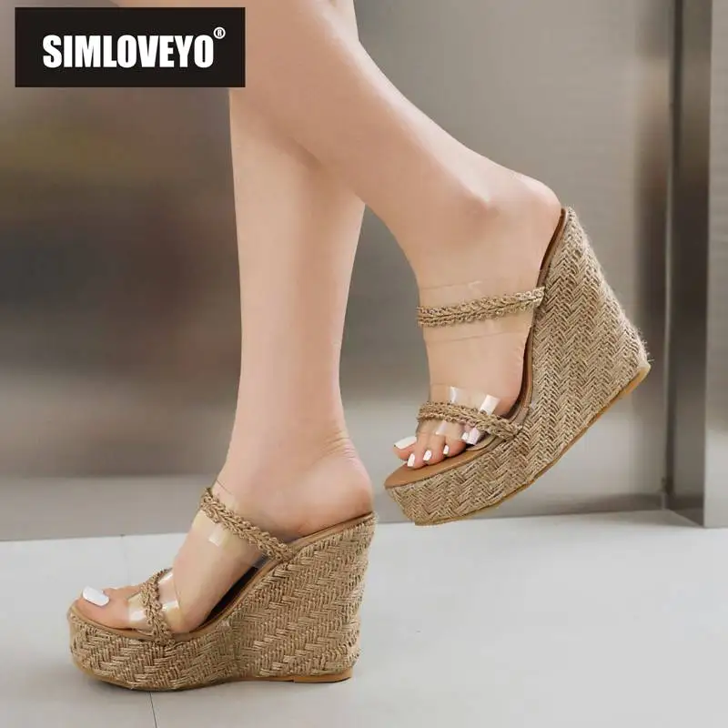 

SIMLOVEYO Women Sandals Open Toe Wedges 8.5cm Platform 3.5cm Slip On Mules Knitting Female Shoes Daily Retro Plus Size 46 47 48