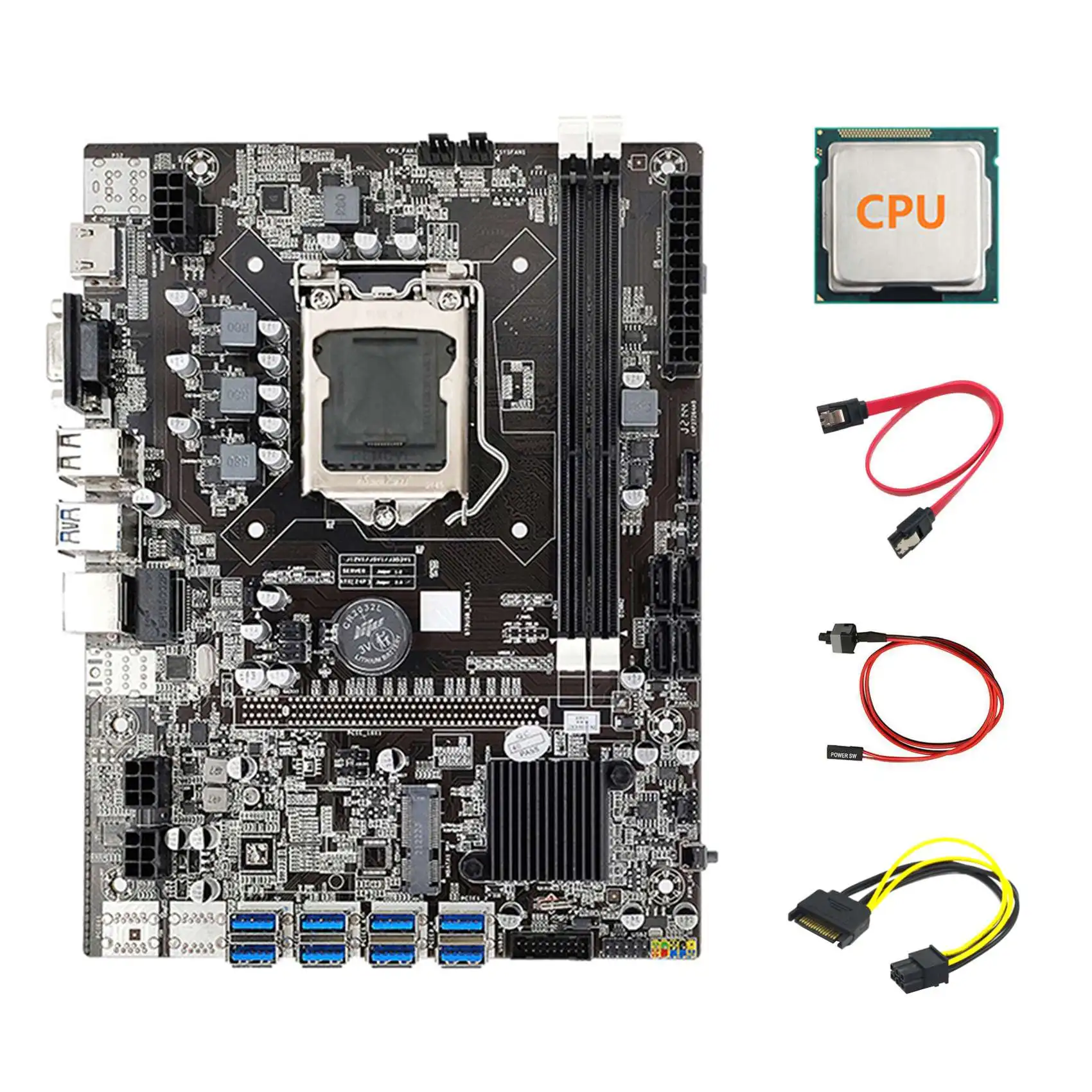 B75 ETH Mining Motherboard 8XPCIE to USB+CPU+SATA 15Pin to 6Pin Cable+SATA Cable+Switch Cable LGA1155 B75 Motherboard
B75 ETH Mining Motherboard 8XPCIE to USB+CPU+SATA 15Pin to 6Pin Cable+SATA Cable+Switch Cable LGA1155 B75 Motherboard