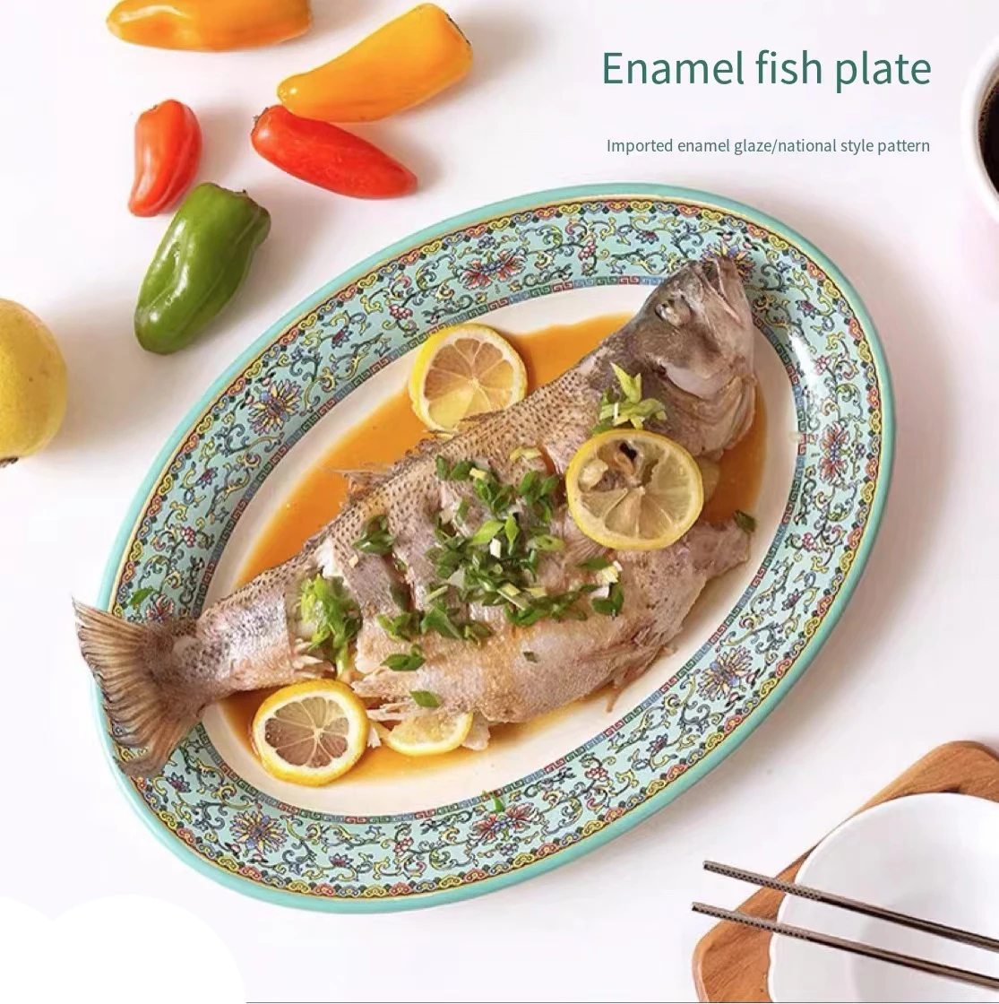

Овальная тарелка в форме рыбы, эмалированная посуда, эмалированная тарелка, салатная плитка, домашние духовки, Высококачественная креативная эмалированная японская миска