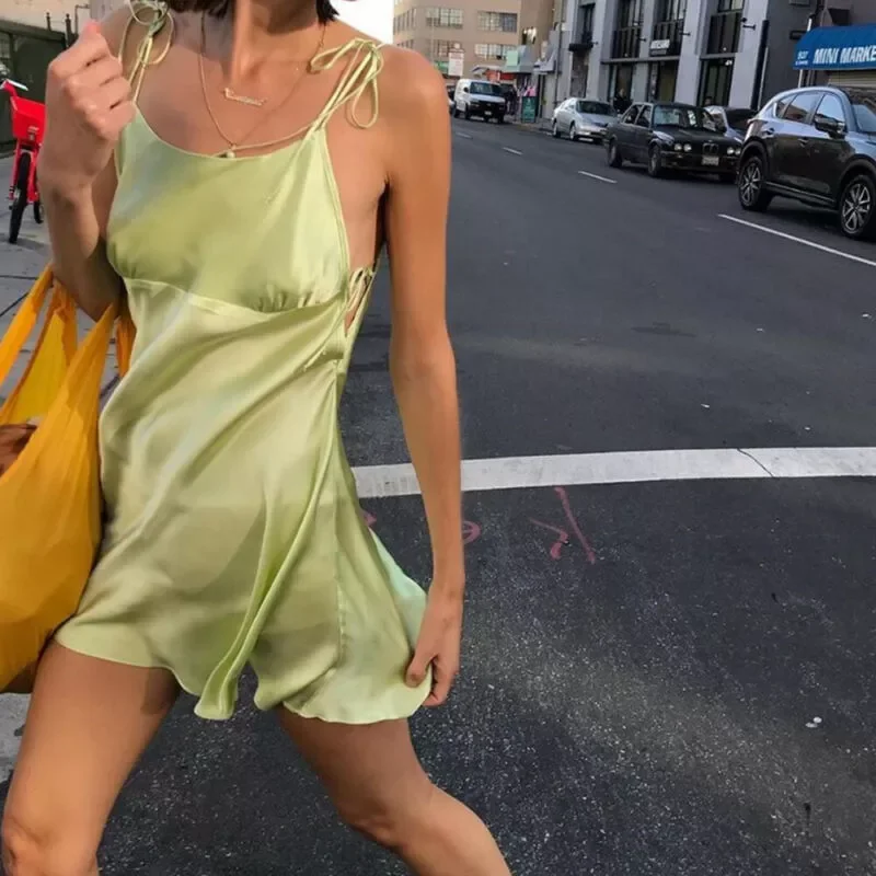 Women Strappy Satin Sleeveless Mini Dress Summer Sling Smooth Solid Short Dress A Line Cocktail Party Slim Dress 2Colors
Women Strappy Satin Sleeveless Mini Dress Summer Sling Smooth Solid Short Dress A Line Cocktail Party Slim Dress 2Colors